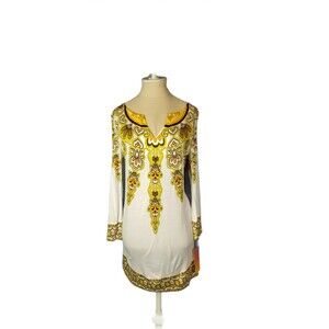International Concepts White/Yellow Print NWT Long Sleeve Tunic Blouse Size Smal